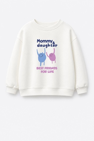 Monila Kız Çocuk Pamuklu Bisiklet Yaka Anne Kız Baskılı T-shirt Ekru