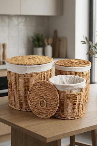 Digithome 3 Lü Kapaklı Hasır Patates Soğan Sarımsak Sepeti Sebzelik -9t05 Ş/9 Kahverengi