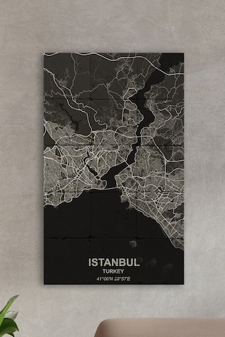 Doğal Taş Tablo - Istanbul Haritası Siyah- Duvar Dekoru 30x50cm