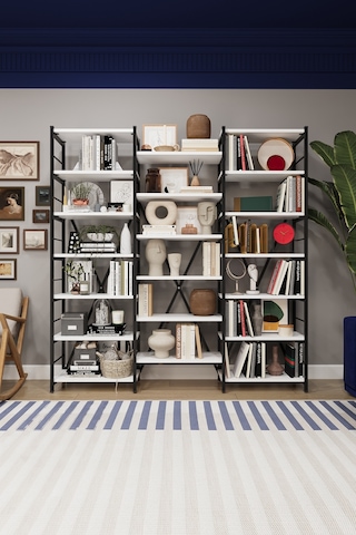 Asra Trend 6 Raflı Metal Kitaplık METALK03 %100 MDF Üç Modüllü Geniş Kütüphane Beyaz