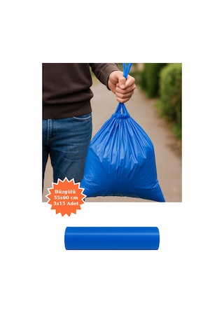 Mavi Büzgülü Çöp Torbası 55x60 Cm 3x15'li Adet Ev Mutfak İş Ofis Avantajlı Paket