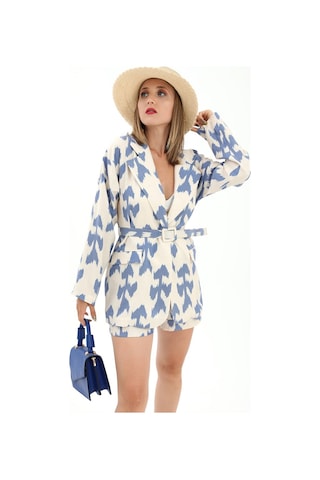 Kemerli Desenli Oversize Blazer Ceket - Mavi-mavi Mavi