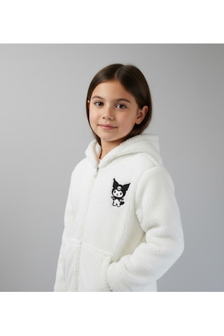 Kuromi Nakışlı Beyaz Pelüş Kapüşonlu Kız Çocuk Hırka Beyaz
