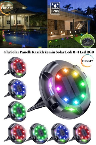 4 Adet 12 Ledli Solar Güneş Enerji Otomatik Yanma Rgb Rengarenk Toprağa Saplamalı Bahçe Aydınlatma