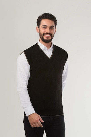 Kamalı Siyah Erkek V Yaka Triko Örgü Tüylenmez Süveter Regular Fit Saç Örgü Desenli Siyah
