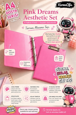 Pink Dreams Aesthetic Kırtasiye Seti A4 4 Halkalı Klasör + Kapaklı Sekreterlik Pembe Pvc Dosya Organizer