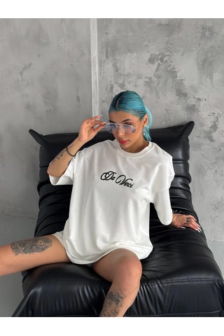 Novalisse Kadın Baskılı T-shirt Kısa Kol Bisiklet Yaka Oversize Tişört - Beyaz Çoklu Renk