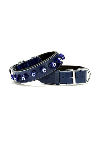 Doggie Comfort Deri Nazar Boncuklu Köpek Boyun Tasması Medium Mav