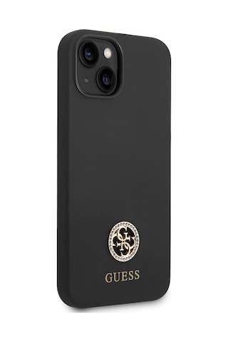 Apple Uyumlu iPhone 14 Kılıf Guess Lisanslı Yazı Ve Taşlı 4g Logolu Silikon Kapak Siyah