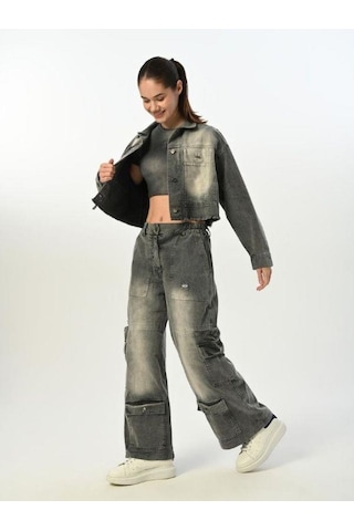 Zekids Kız Çocuk Paçası Cepli Gabardin Pantolon-15520 Füme