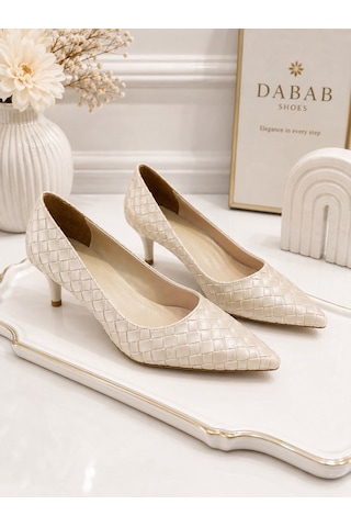 Dabab Shoes Lılya Kadın Bej Sivri Burun Örgü Desenli 6 Cm İnce Topuklu Stiletto Ayakkabı