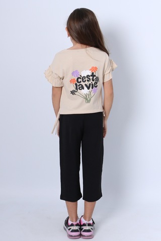 Kız Çocuk İkili Takım Sırt Baskılı Püsküllü Kolları Fıfırlı F20 Bej