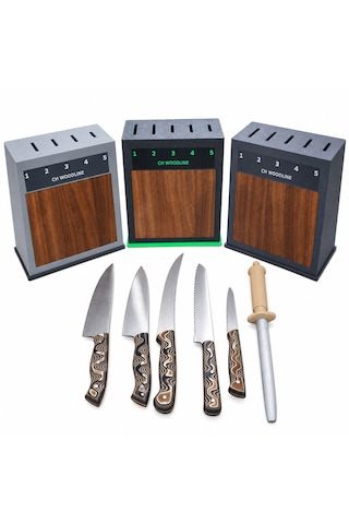 Ch Woodline 4116 Alman Çeliği 5 Li Şef Bıçak Seti, Ceviz Ön Yüzlü Stand Ve 22 Cm Masat çok renkli