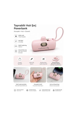 Rainvolt Mini Kapsül Powerbank Led Dijital Göstergeli & Dahili Kablolu Taşınabilir Şarj Cihazı Pembe