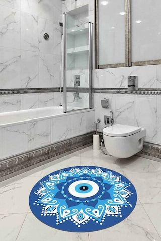 Mavi Nazar Boncuklu Yuvarlak Banyo Klozet Paspas Seti Bs289n11
