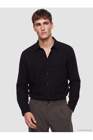 Lcw Vision Siyah Regular Fit Keten Görünümlü Erkek Gömlek