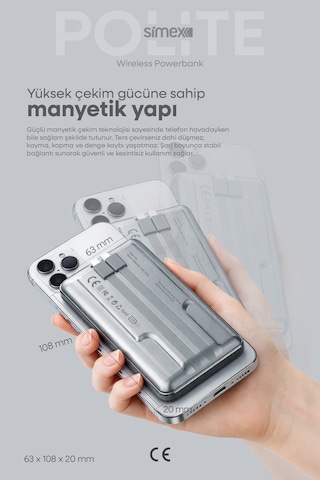 Simex 10.000mAh MagSafe Powerbank 15W Wireless / 22.5W Hızlı Şarj - Dahili Type-C Lightning Kablolu S-38