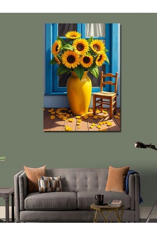 Kanvas Tablo Mavi Vazoda Günebakan Çiçekler 50cmx70cm