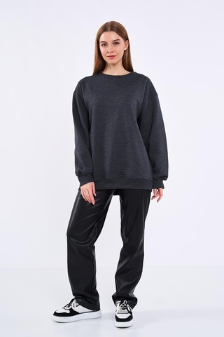Comeor Antrasit Kadın Pamuklu Oversize Basic Bisiklet Yaka Sweatshirt 001
