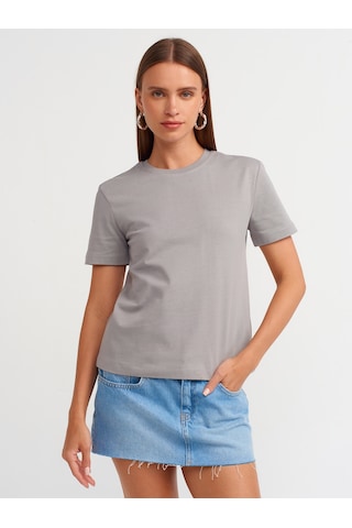 Dilvin Pamuklu Bisiklet Yaka T-shirt Gri