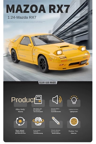 Ranyeek Mazda Rx7-fc 1:24 Orta Boy Model Araba - Sarı, Metal Kasa, Işıklı-sesli, Açılabilir Kapılar, Geri Çek Ve Sürüş Fonksiyonu Gümüş
