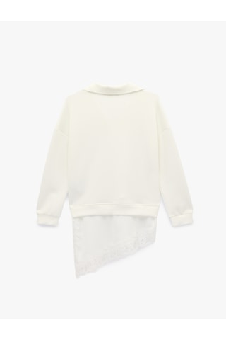 Koton Uzun Kollu Polo V Yaka Dantelli Etek Ucu Detaylı Sweatshirt Beyaz 6sak10170ek Beyaz