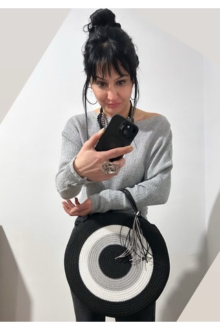 Hasır Çanta, Silindir Çanta, Tasarım Çanta, Silindir Siyah Nazar El Çantası Siyah - Gri - Bej