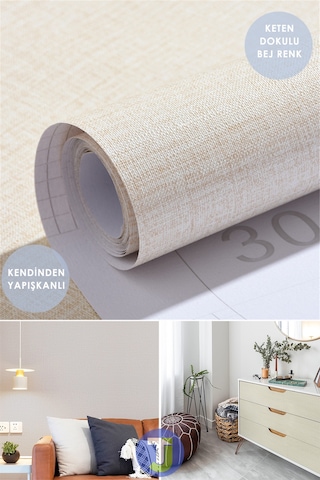 Technojet Kendinden Yapışkanlı Keten Görünümlü Mutfak Banyo Tezgah Duvar Dolap Masa Kaplama 60x300cm
