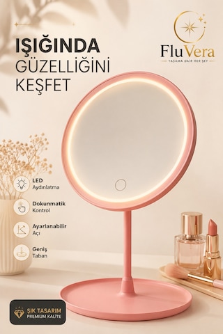 Led Işıklı Makyaj Aynası Masaüstü Dokunmatik Aydınlatmalı Güzellik Ve Cilt Bakım Aynası Pembe Ayarlanabilir Başlık Geniş Taban Usb-c Şarjlı Pembe