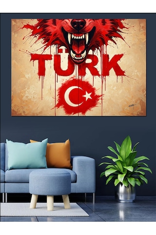 Türkiye Kalp Logo Kurt İllüstrasyon Dekoratif Kanvas - Mdf Ahşap Tablo