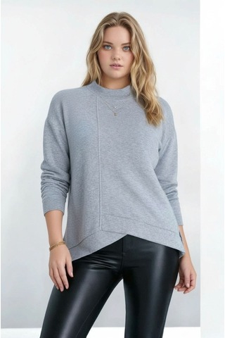 Mamayaga Kadın Yarım Dik Yaka Asimetrik Kesim Uzun Kol Büyük Beden Curve Sweatshirt Gri