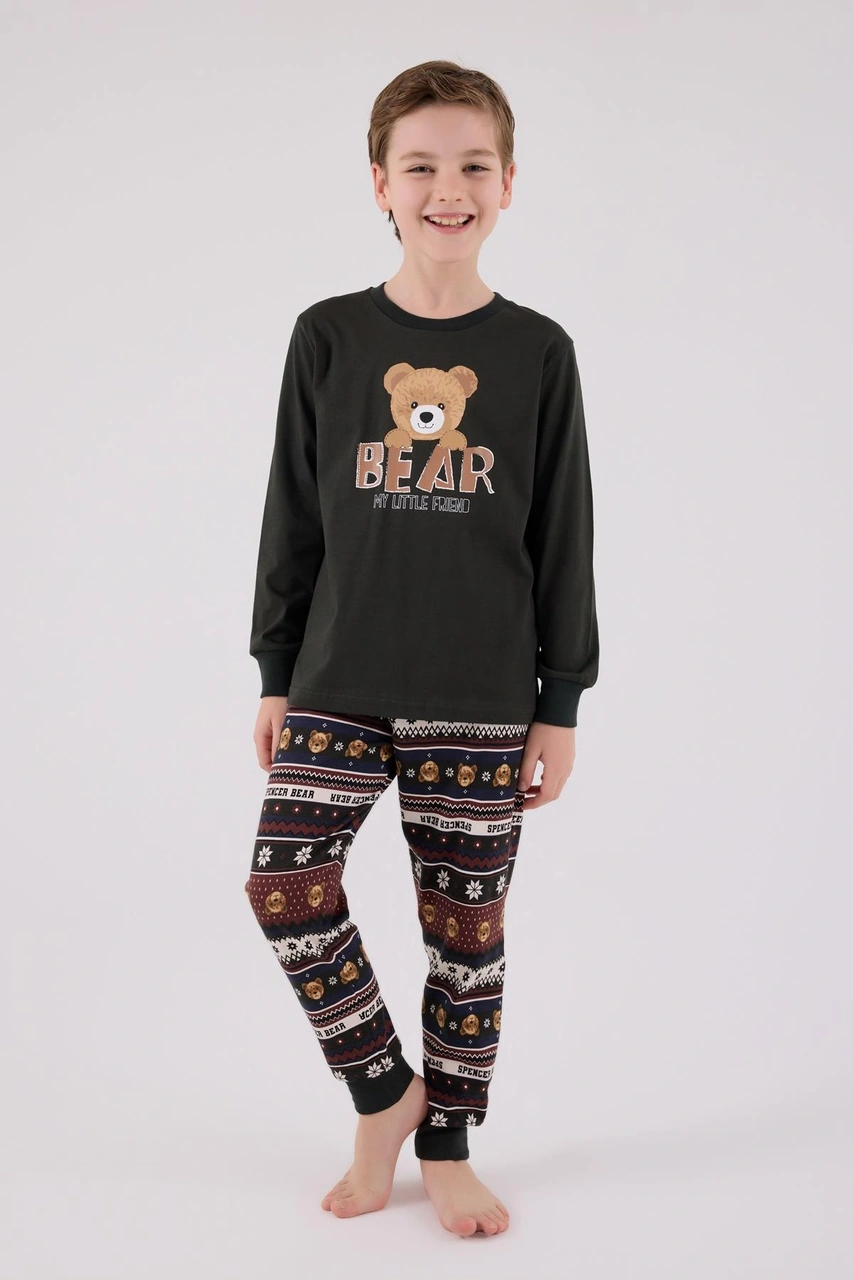Arnetta Erkek Çocuk Aile Bear My Little Friend %100 Pamuklu 4 Mevsim Uzun Kollu Pijama Takım Füme