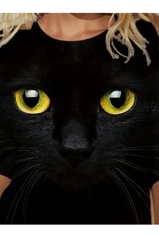 Simala Kadın Uzun Kollu Bisiklet Yaka Kedi Desenli Süprem Bluz Siyah