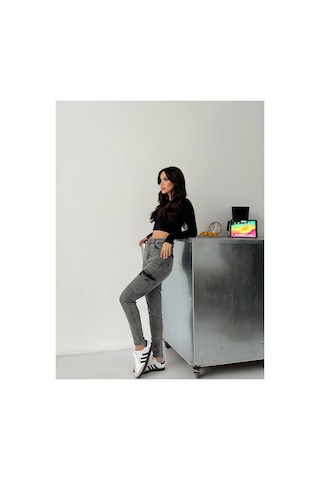 Kene Jeans Kadın Kar Siyah Kargo Cep Dar Paça Siyah