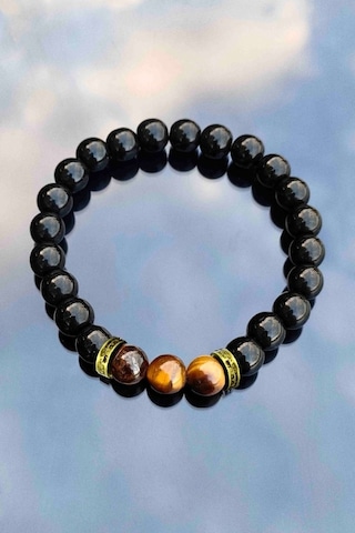 Parlak Oniks Kaplan Gözü Taşlı Bakır Detaylı Unisex Bileklik Okbp Çok Renkli