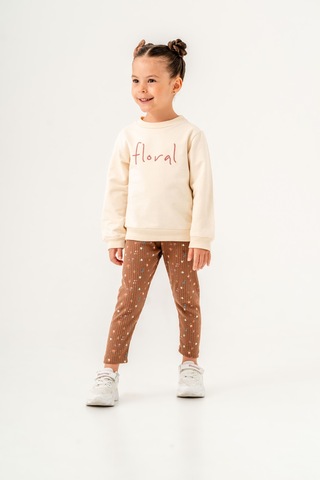 Kız Çocuk Floral Nakışlı İki İplik Kumaş Taytlı Takım Toka Dahildir. Ekru