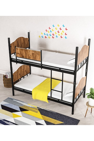 Ejder metal Metal Ahşaplı Ranza Siyah-ceviz Renk (YATAKSIZ)