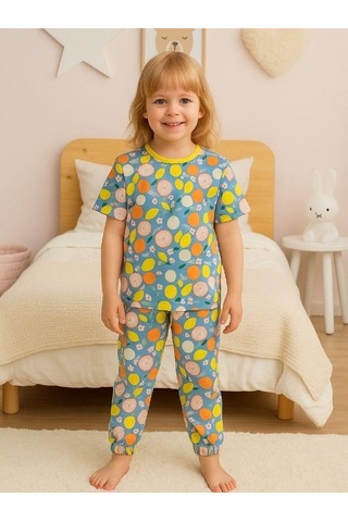 Kız Çocuk Pamuklu Meyve Desenli Kısa Kol Pijama Takımı-16027 Mavi