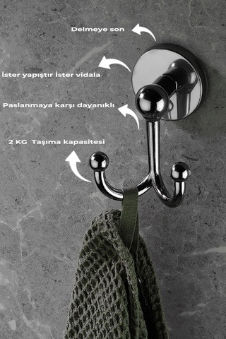 Krom Yapışkanlı Bornoz &  Havlu Askılığı – 2 Kancalı (Çatallı) Metal Askı, Şık & Dayanıklı Tasarım - (S-112)
