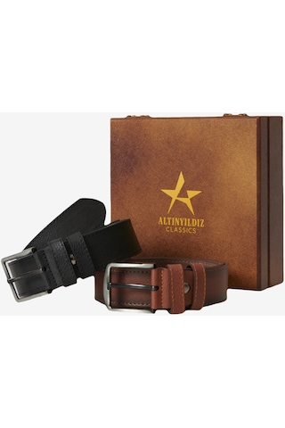AC&Co / Altınyıldız Classics Erkek Siyah-kahverengi Özel Ahşap Kutulu 2'li Kot Kemeri Seti Damat Bohçası Kahverengi - Siyah