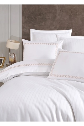 Dantela Nüans Nakışlı Pamuk Saten Çift Kişilik Nevresim Tak-beyaz Beyaz