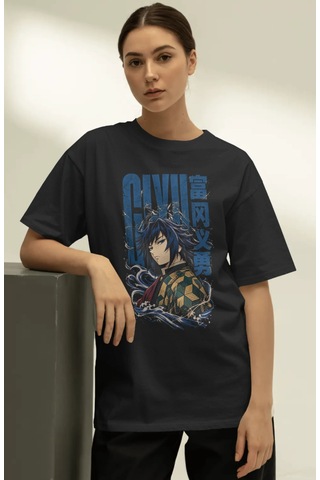 Unisex Oversize Giyu Tomioka Demon Slayer Anime Karakter Ön Baskı Siyah