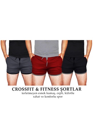 Boomenbex Gri Crossfit Şort Külotlu Kısa Siyah Biyeli Cepli