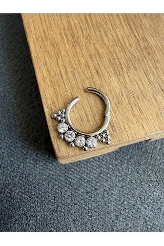 %100 316 L Cerrahi Çelik Otantik Zirkon Taşlı Kilitli Halka Piercing Gümüş