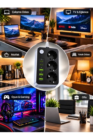 Akım Korumalı 3'lü Priz 2200w 1050j 10a Termal Korumalı 3 Usb 2 Type-c Şarj Girişli 0 - 2 M