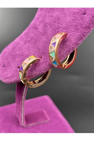 Çelik Çok Renkli Asimetrik Modelli Taşlı Gold Yuvarlak 1.8 Çap Kadın Halka Günlük Küpe Çok Renkli