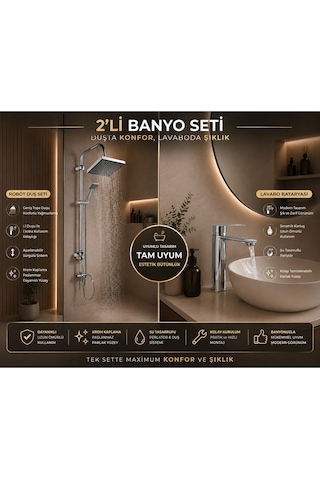 Lüx Premium Krom Robot Duş Seti Sabit Lavabo Bataryası 2'li Avantaj Seti Modern Tasarım Gri