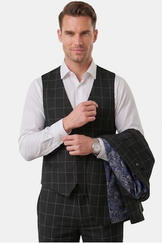 Deepsea Erkek Siyah Slim Fit 3 Lü Takım Elbise Yelekli Ekose Desenli Çift Düğme Takım Elbise 2600501