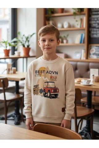 Zekids Erkek Çocuk Pamuklu Best Advn Yazılı İnce Uzun Kollu T-shirt-16342 KREM