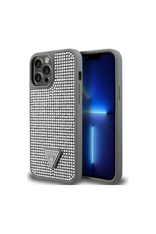 Apple iPhone 13 Pro Max Uyumlu Kılıf Guess Lisanslı Taşlı Arka Yüzey Üçgen Logolu Kapak Gümüş